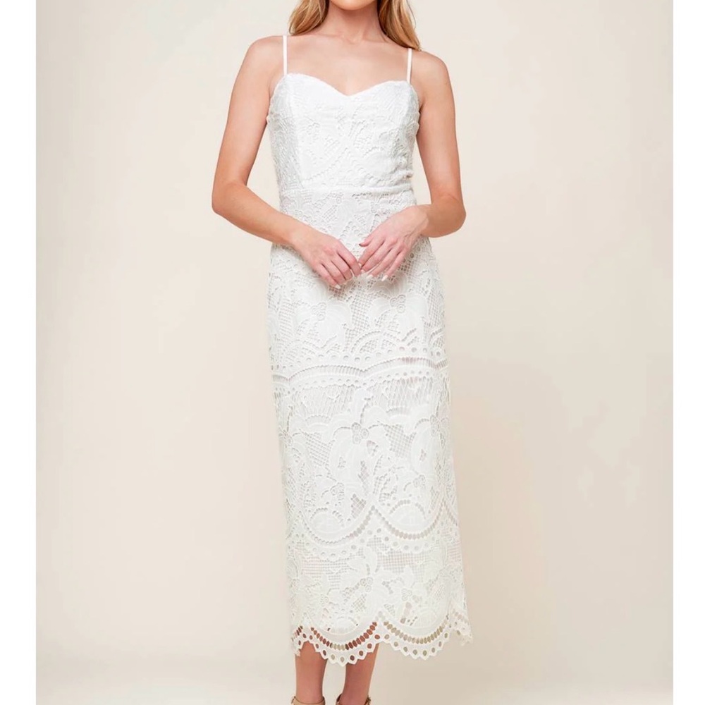 White Lace Spaghetti Strap Midi Dress